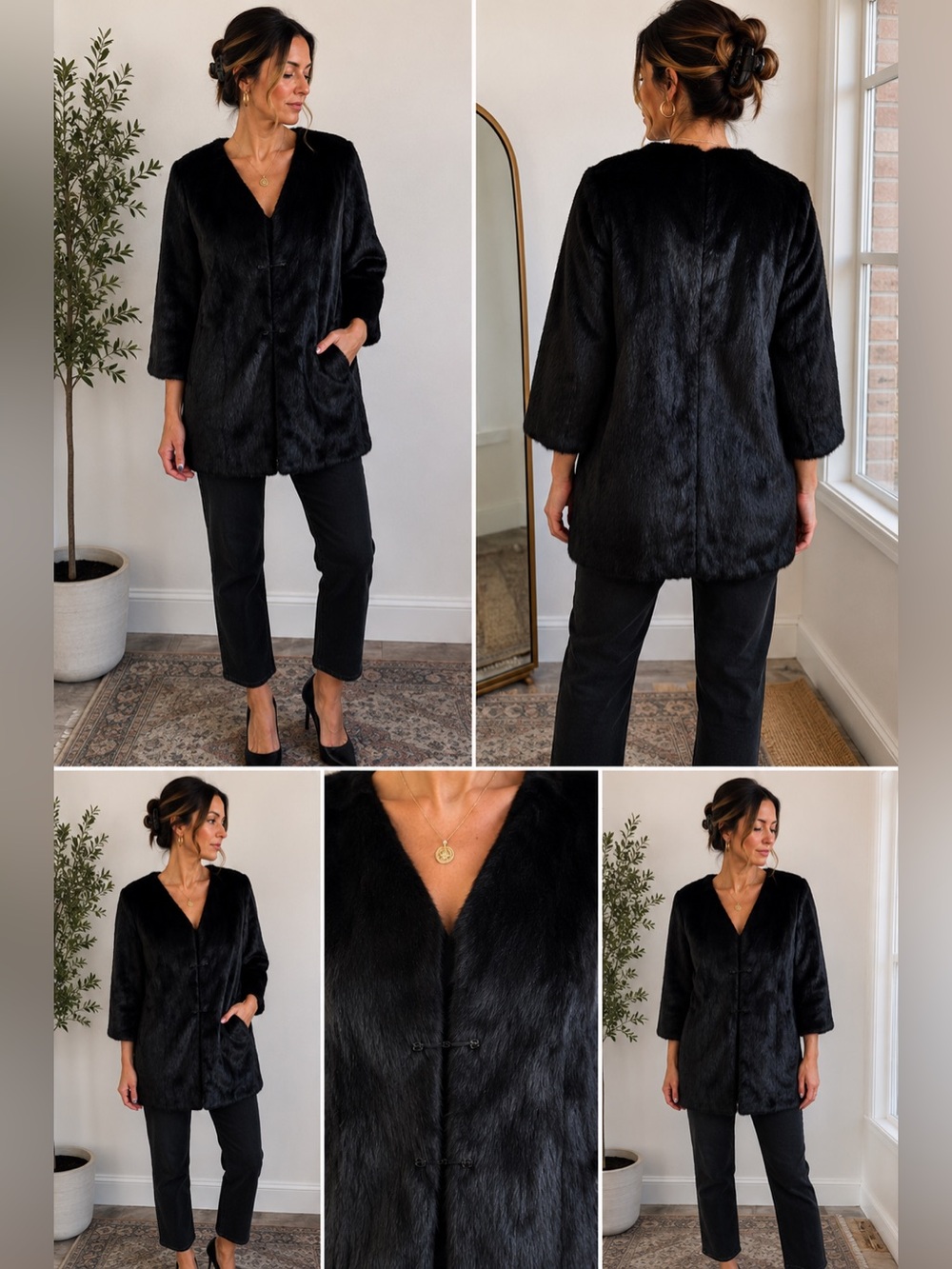 Genuine Rabbit Fur Coat Women L Black 3/4 Sleeve Hook Closure Lightweight